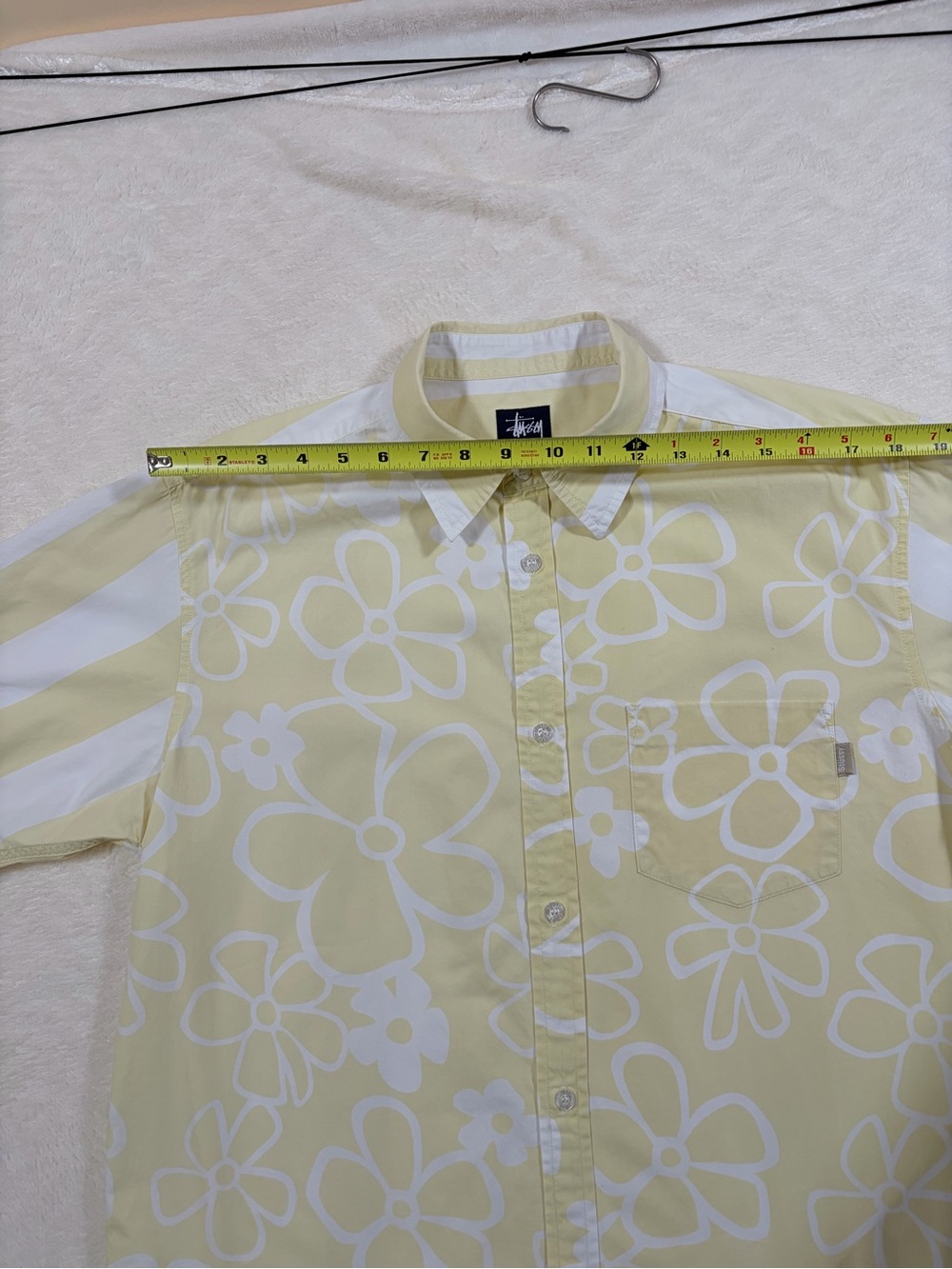 Vintage NOS Stussy “Back Flip” Yellow White Floral Striped Cotton Button-Up Sz L - Picture 6 of 11